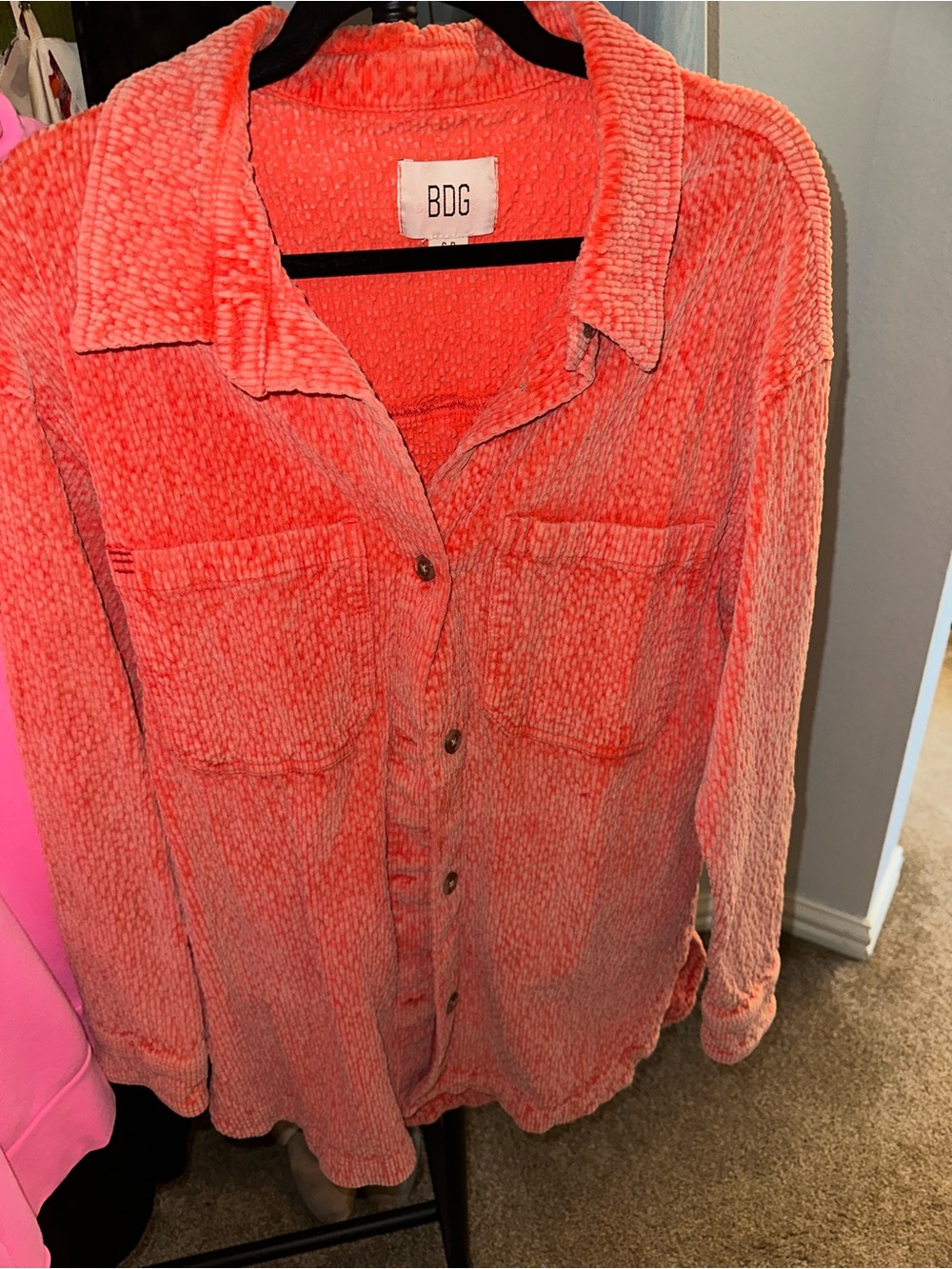 BDG Coral-Red Chenille Button Front Jacket